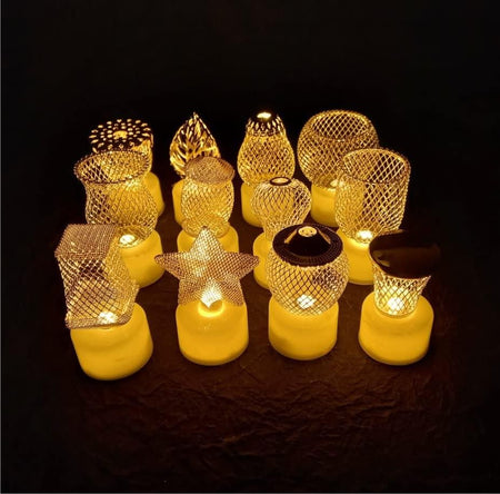 String lights with mesh-covered bulbs on a textured surface
