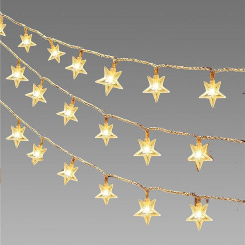 Star-shaped string lights on a gray background