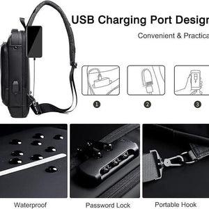 Black backpack with USB charging port, waterproof features, password lock, and portable hook on a black background.
