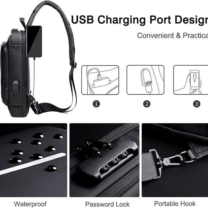 Black backpack with USB charging port, waterproof features, password lock, and portable hook on a black background.