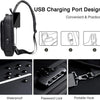 Black backpack with USB charging port, waterproof features, password lock, and portable hook on a black background.