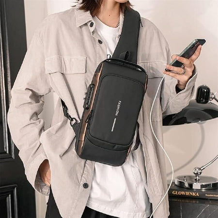 Black backpack with USB charging port, waterproof features, password lock, and portable hook on a black background.