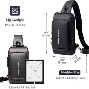 Black crossbody bag with measurements and features on a white background