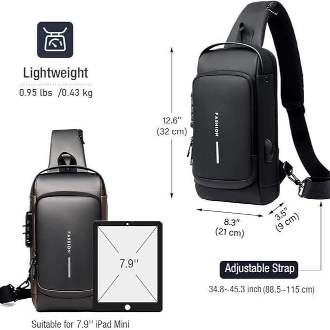 Black crossbody bag with measurements and features on a white background