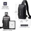Black crossbody bag with measurements and features on a white background