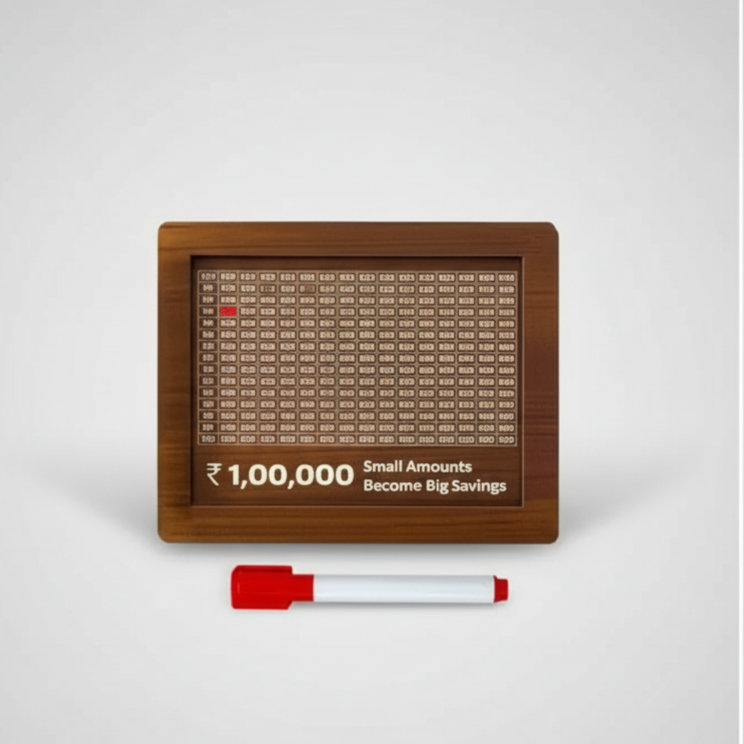 Wooden savings tracker with a red marker on a white background